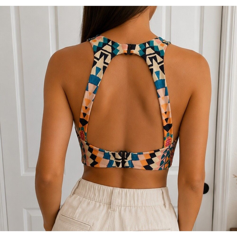 Athleta 34D/DD Geometric High Neck Bikini Swim Top Multicolor Open Back - Picture 2 of 5